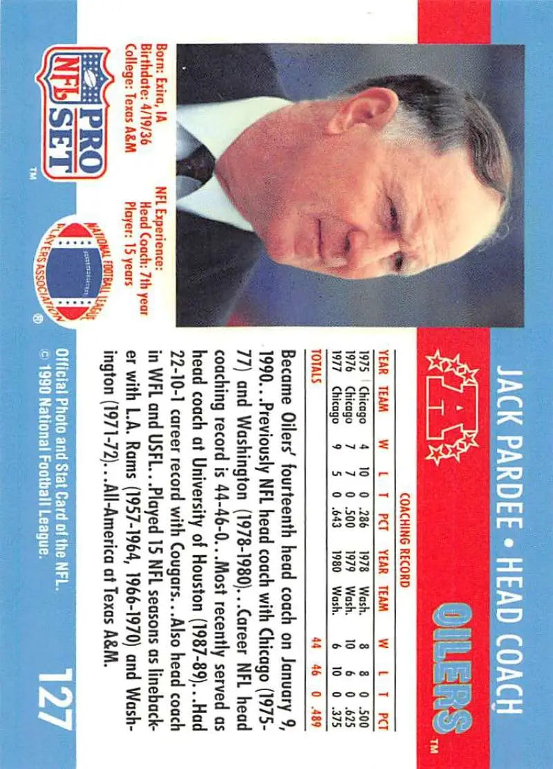 Vintage 1990 Pro Set #127 Jack Pardee Houston Oilers Football Card in NM-MT condition