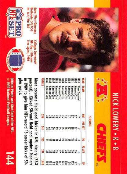 Pro Set NFL trading card of Nick Lowery from the Kansas City Chiefs