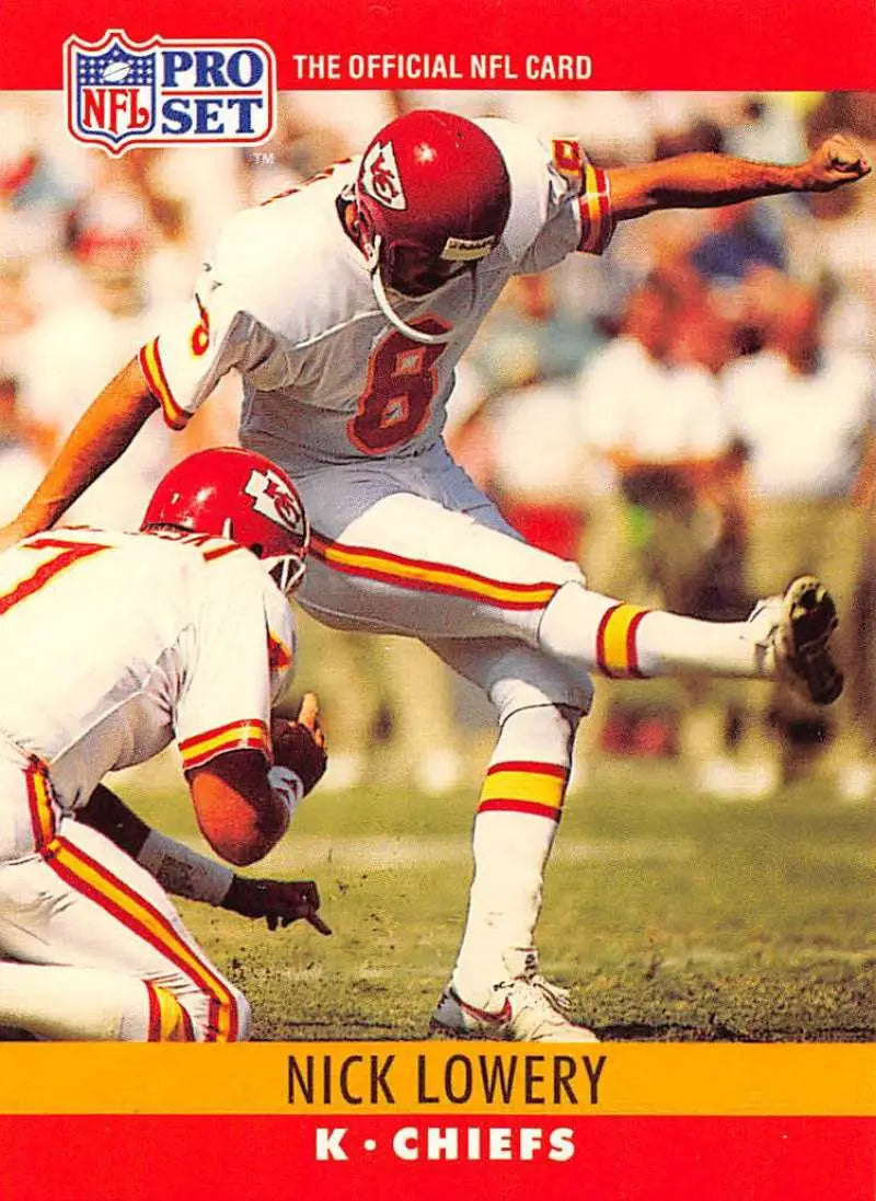 NFL Pro Set trading card of Nick Lowery, Kansas City Chiefs kicker in action