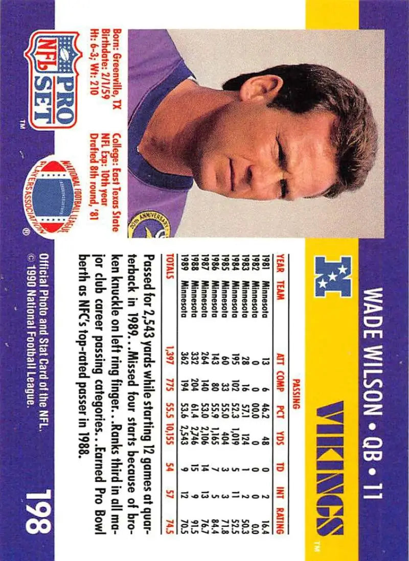 1990 Pro Set #198 Wade Wilson Minnesota Vikings Football Card featuring player image