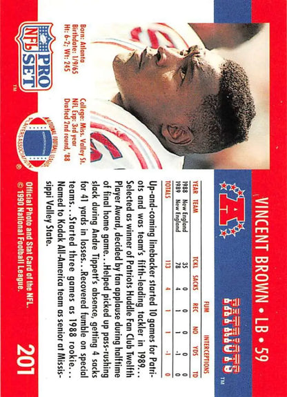 Vincent Brown 1990 Pro Set football card New England Patriots rookie edition