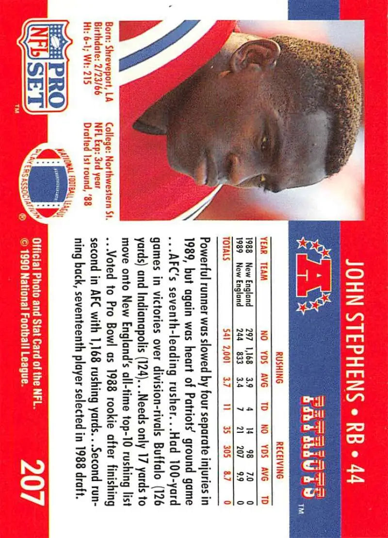 1990 Pro Set #207 John Stephens Football Card featuring red, white, and blue design