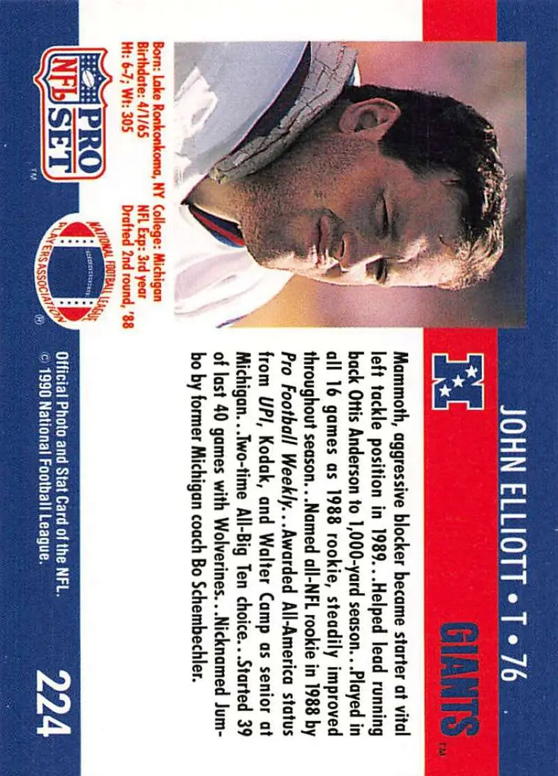 NFL trading card of John Elliott from the 1990 Pro Set New York Giants collection