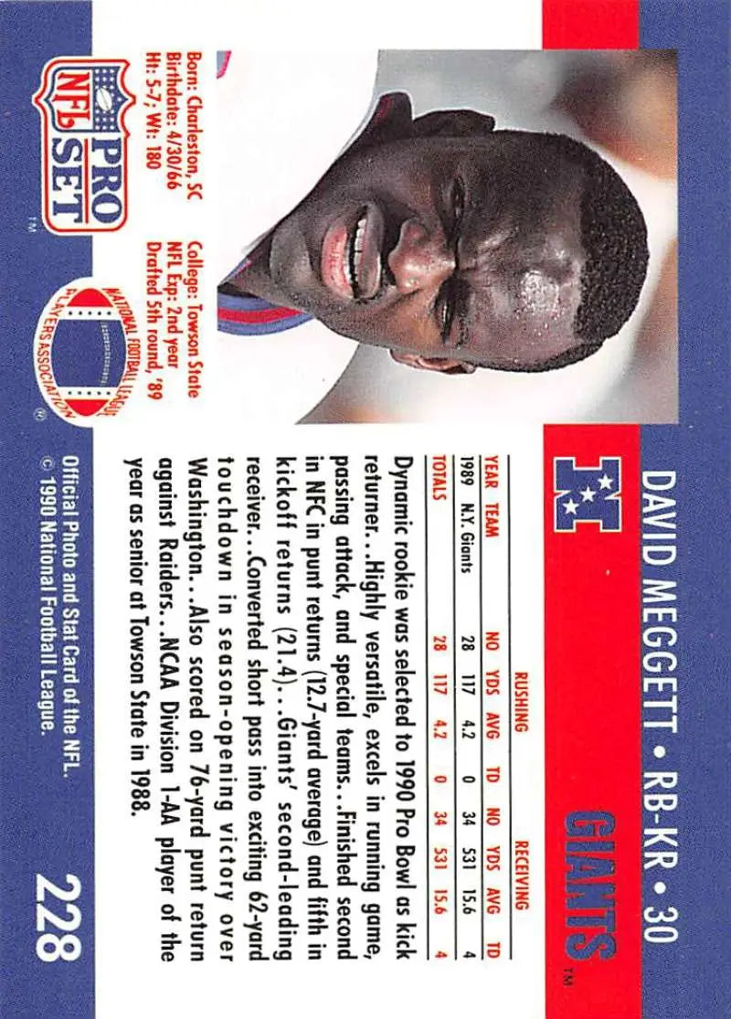 1990 Pro Set Football Card featuring Dave Meggett of the New York Giants