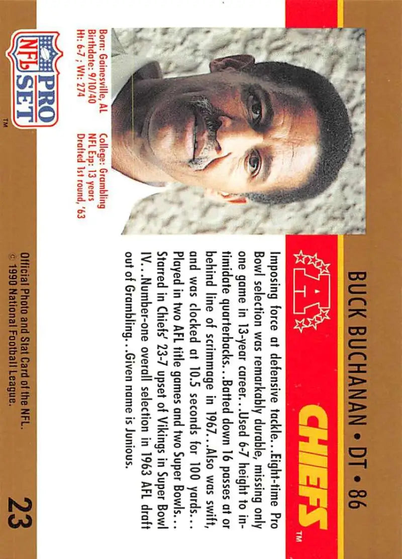 Vintage 1990 Pro Set #23 Buck Buchanan Kansas City Chiefs Football Card with red border