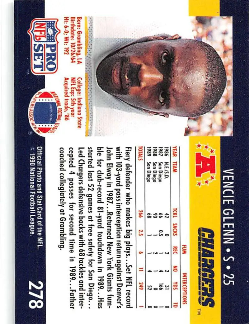 NFL trading card of Vencie Glenn from the San Diego Chargers Pro Set collection