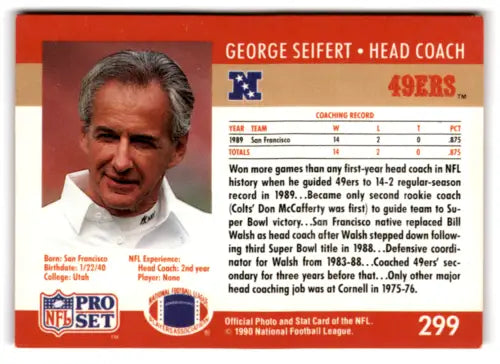 George Seifert football card from 1990 Pro Set with original gloss, ID:67081