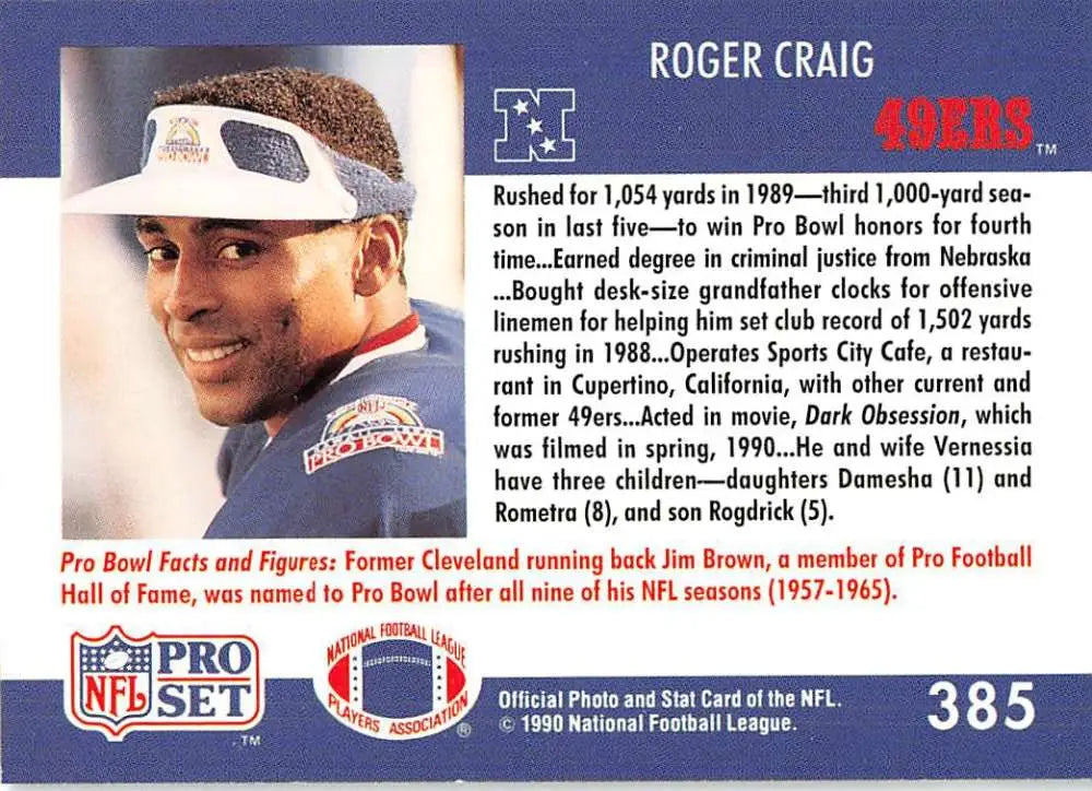 Football card of Roger Craig in red jersey and white visor for San Francisco 49ers