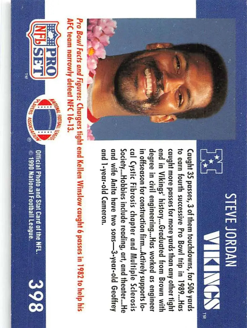 1990 Pro Set #398 Steve Jordan Minnesota Vikings Football Card with blue border design