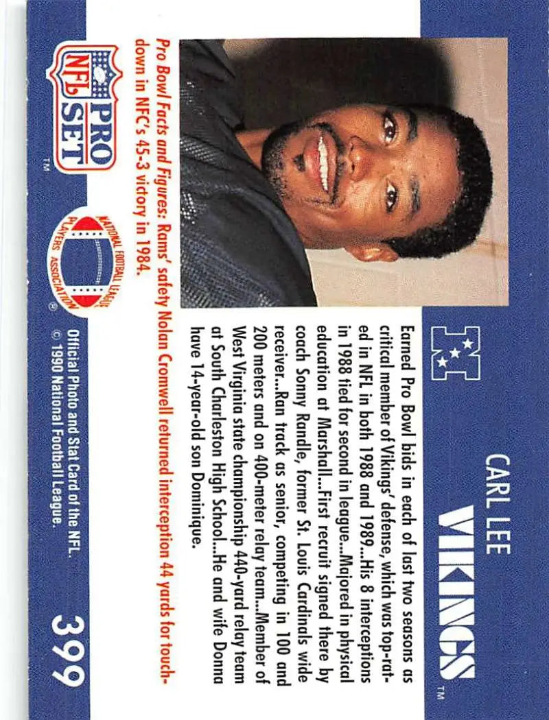 NFL Pro Set football card of Carl Lee from the Minnesota Vikings, 1990 edition