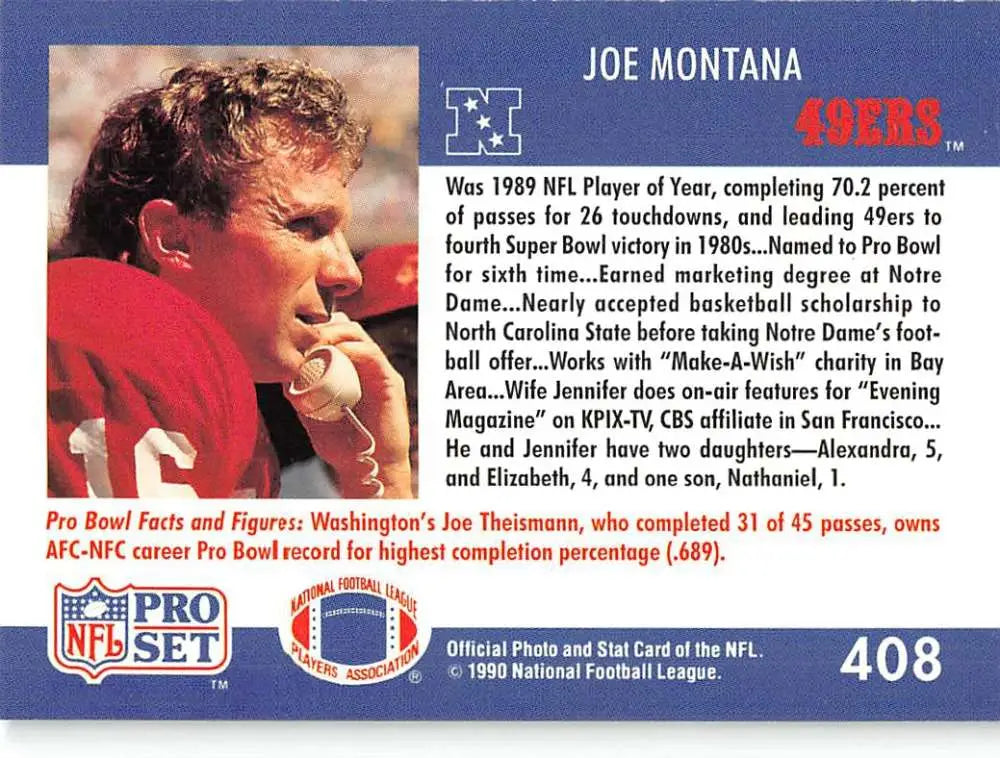 Vintage NFL Pro Set football card of Joe Montana in San Francisco 49ers red uniform