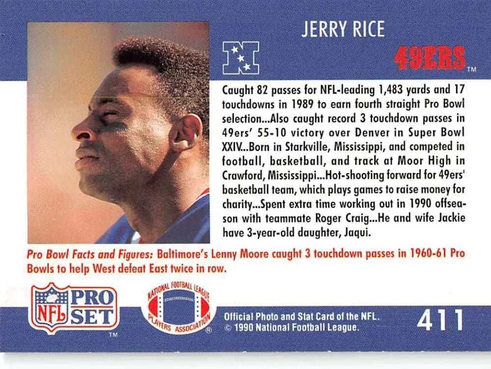 1990 Pro Set Jerry Rice Football Card showcasing player stats and biography