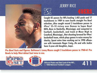 1990 Pro Set Jerry Rice Football Card showcasing player stats and biography