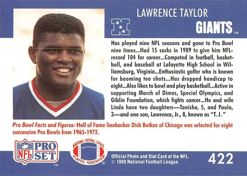 NFL trading card of Lawrence Taylor in red and white New York Giants uniform