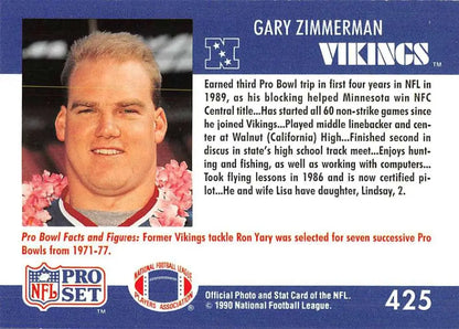 NFL Pro Set football card featuring Gary Zimmerman of the Minnesota Vikings from 1990