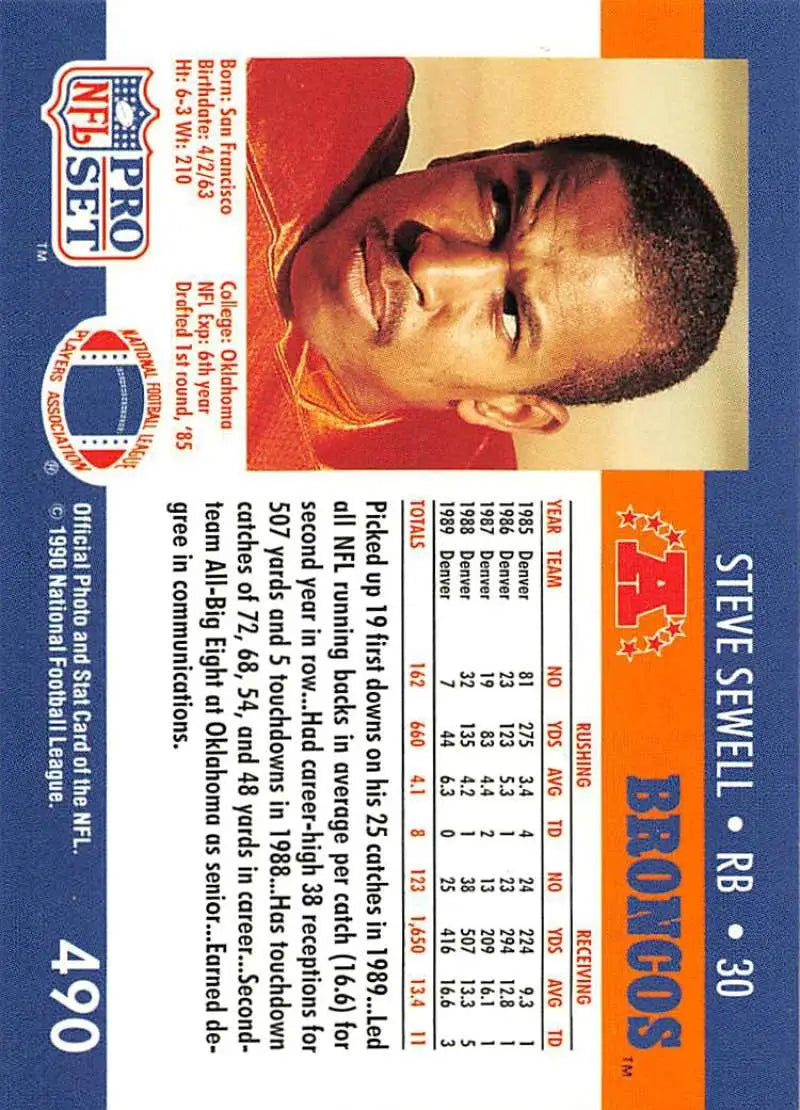 NFL Pro Set football card of Steve Sewell from the early 1990s, Denver Broncos