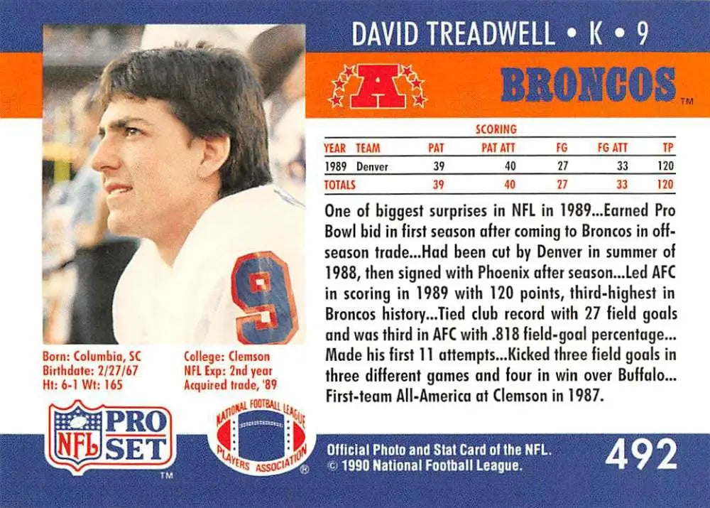 1990 Pro Set #492 David Treadwell Denver Broncos Football Card featuring kicker