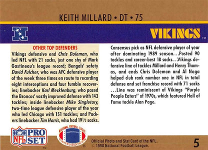 Keith Millard Minnesota Vikings football card from 1990 Pro Set #5 NM-MT condition