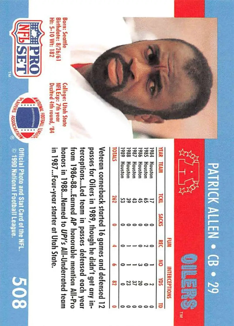 1990 Pro Set Patrick Allen rookie football card for Houston Oilers collectors