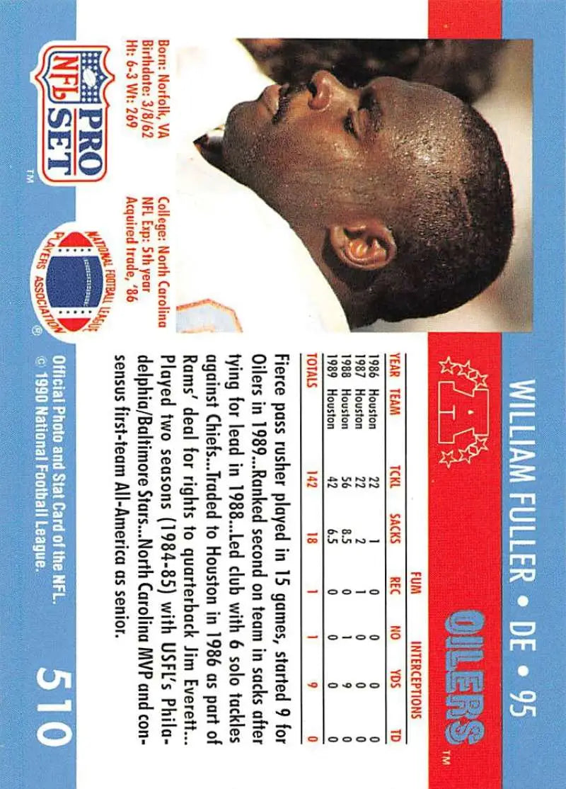 NFL Pro Set trading card of William Fuller in profile view for Houston Oilers