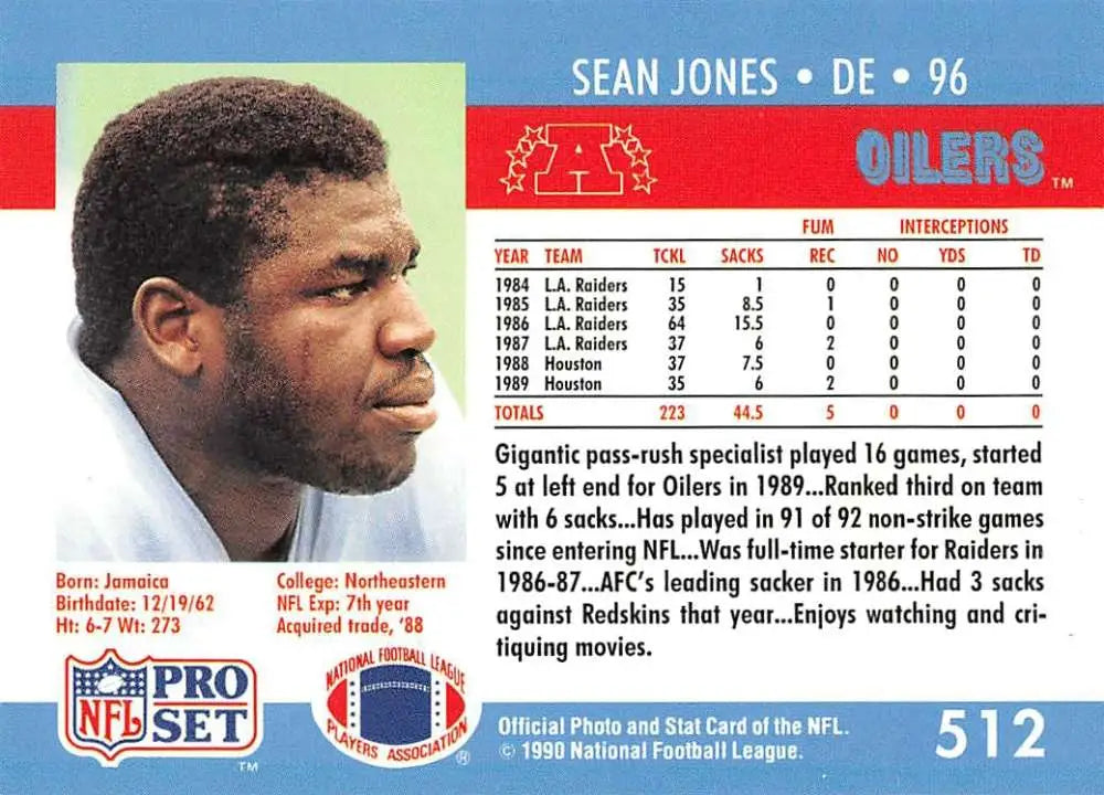 1990 Pro Set #512 Sean Jones Houston Oilers Football Card in NM-MT condition