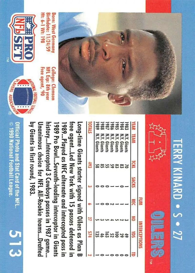 Terry Kinard Houston Oilers football card from the 1990 Pro Set collection