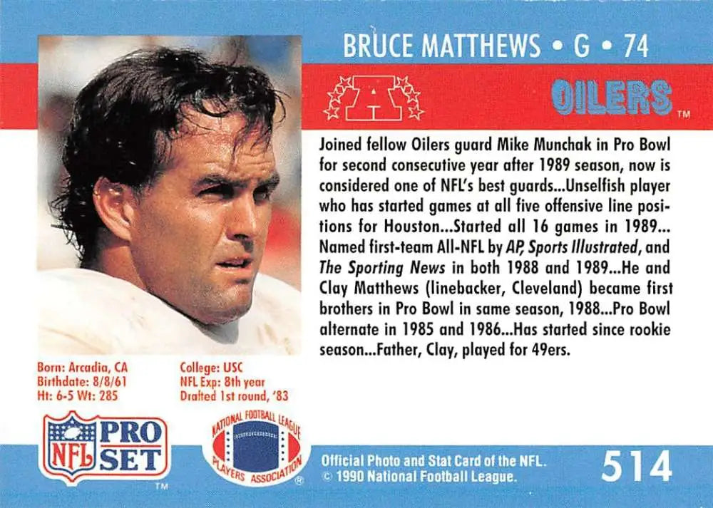 Back of 1990 Pro Set Bruce Matthews Football Card with Houston Oilers stats and bio