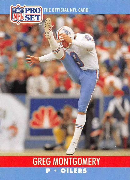 NFL Pro Set football card of Greg Montgomery, Houston Oilers punter mid-kick