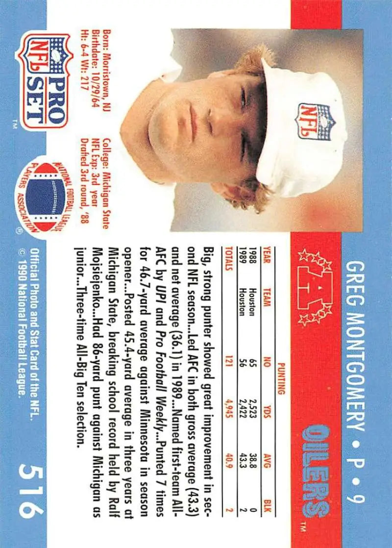 NFL Pro Set trading card of Greg Montgomery in white cap for Houston Oilers