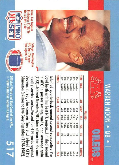 Warren Moon Houston Oilers football trading card from 1990 Pro Set #517