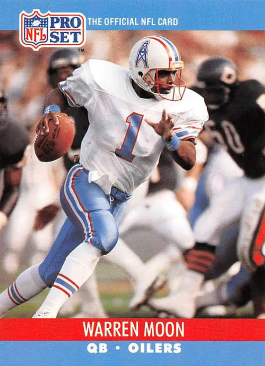 NFL Pro Set trading card of Warren Moon in white Houston Oilers uniform number 1