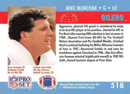 NFL Pro Set 1990 Houston Oilers Football Card featuring Mike Munchak NM-MT