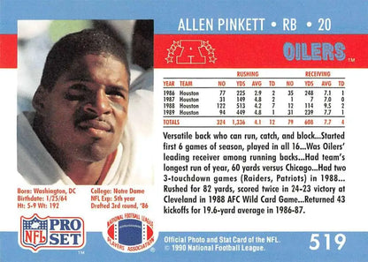 Football trading card featuring Allen Pinkett from the Houston Oilers Pro Set