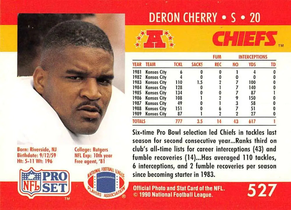 NFL trading card of Deron Cherry from the 1990 Pro Set collection, NM-MT condition