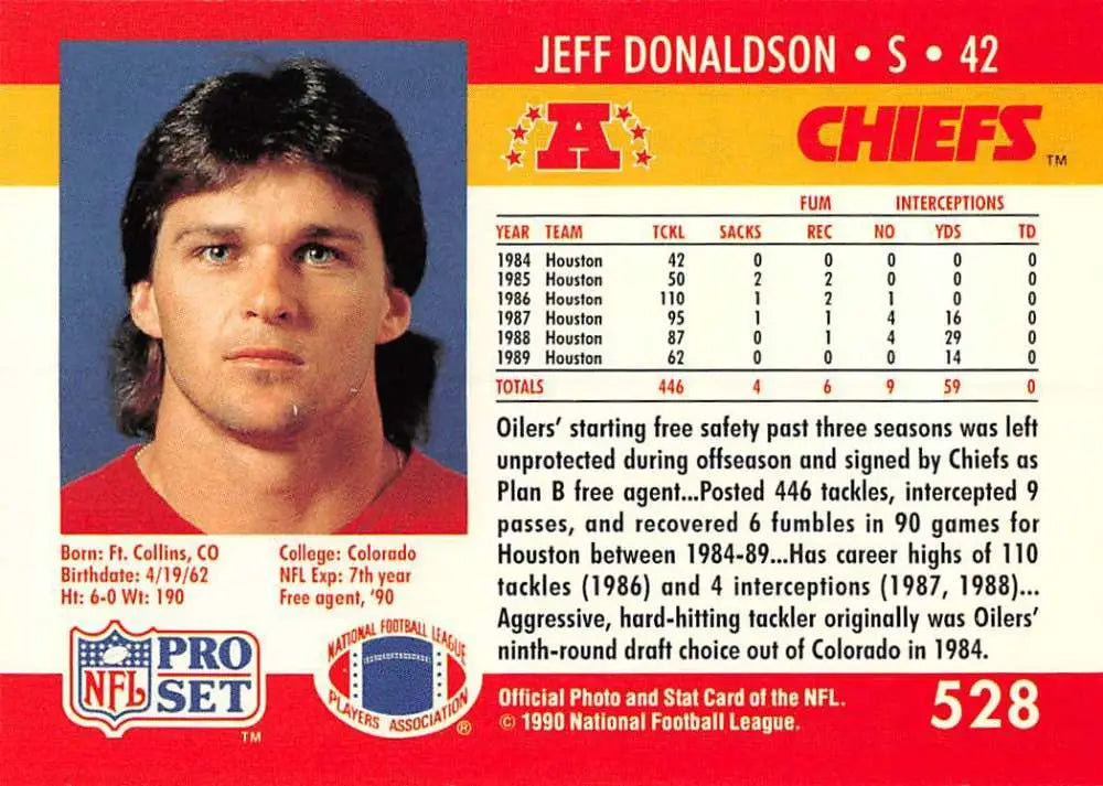 1990 Pro Set #528 Jeff Donaldson Kansas City Chiefs Football Card with stats and info