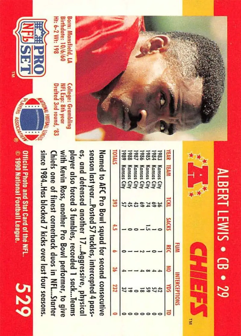 Red and yellow Pro Set trading card featuring Albert Lewis of the Kansas City Chiefs