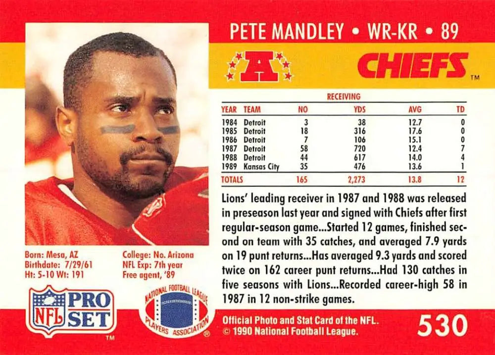 1990 Pro Set #530 Pete Mandley Kansas City Chiefs Football Card featuring wide receiver