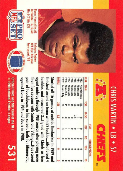 1990 Pro Set NFL trading card featuring Kansas City Chiefs player Chris Martin RC