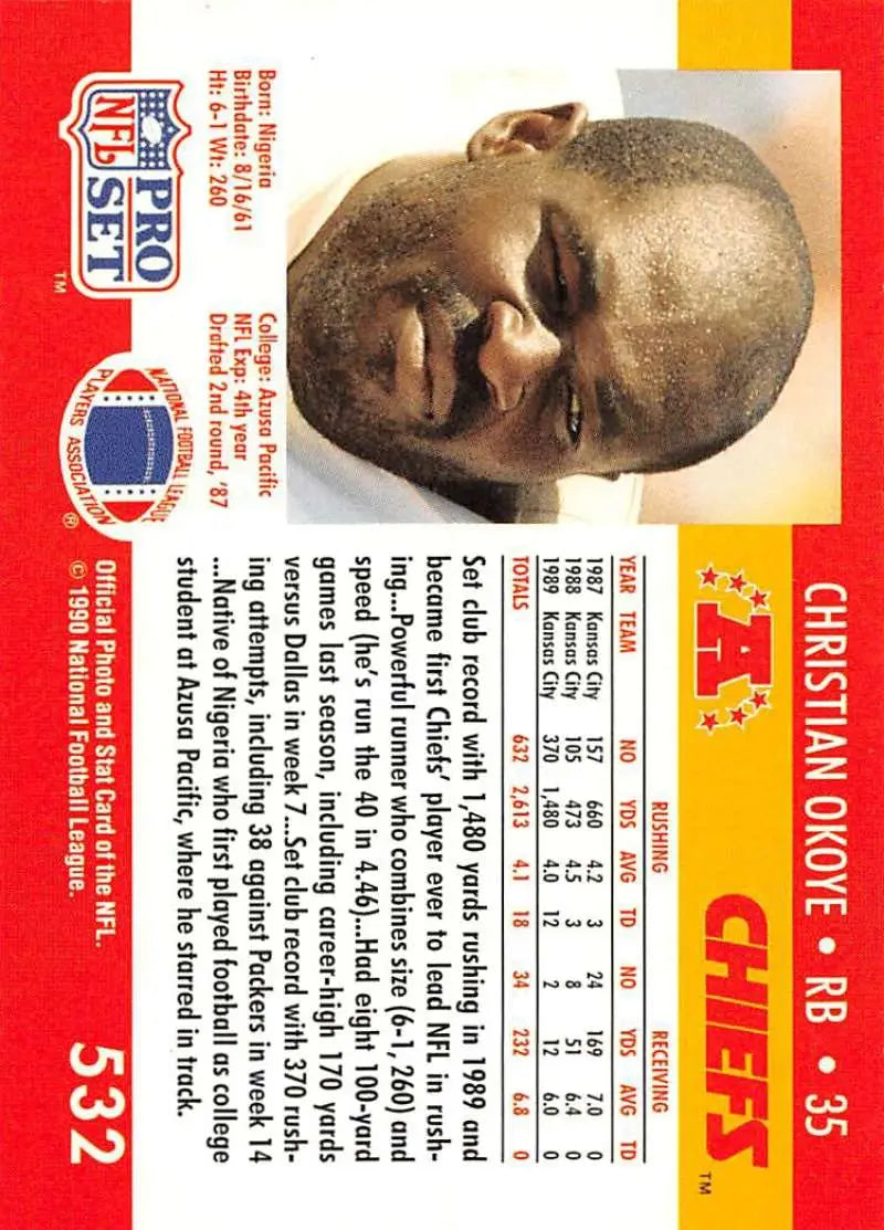 NFL Pro Set trading card of Christian Okoye from the Kansas City Chiefs Football team