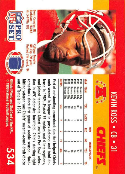 Red and yellow NFL trading card of Kevin Ross from the Kansas City Chiefs