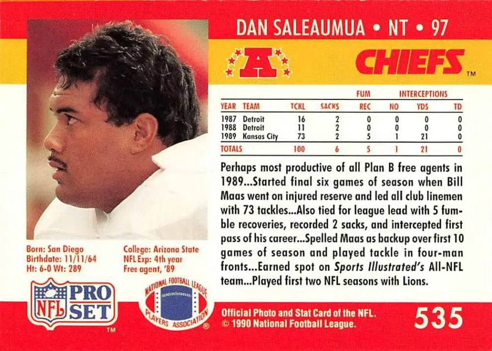 NFL trading card of Dan Saleaumua from the Kansas City Chiefs Pro Set collection