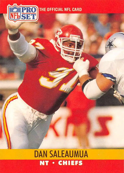 NFL Pro Set football card of Dan Saleaumua making a defensive move for Kansas City Chiefs