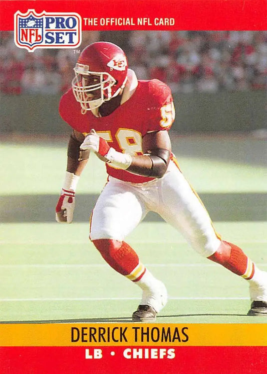 NFL Pro Set trading card of Derrick Thomas, Kansas City Chiefs linebacker in red and white