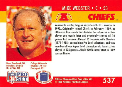 NFL Pro Set trading card of Mike Webster, #59 Kansas City Chiefs, from 1990