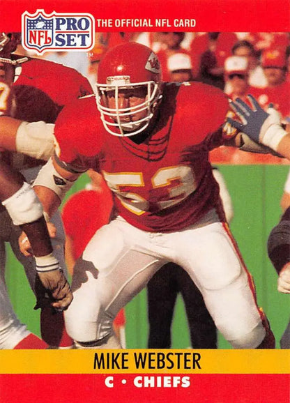 NFL Pro Set trading card of Mike Webster in Kansas City Chiefs red uniform