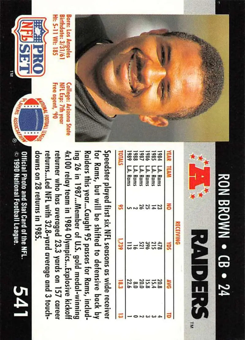 1990 Pro Set #541 Ron Brown NM-MT Los Angeles Raiders Football Card from 1991