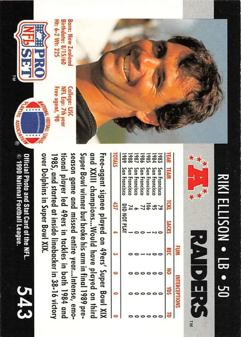 Pro Set NFL trading card featuring Riki Ellison from the Los Angeles Raiders