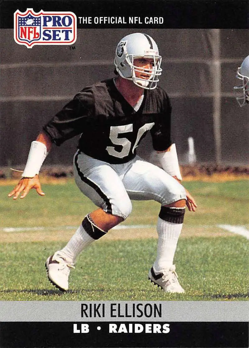 NFL Pro Set trading card of Riki Ellison, linebacker for Los Angeles Raiders, number 50