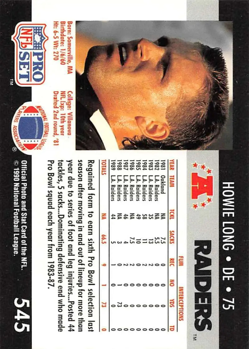 NFL Pro Set football card featuring Howie Long of the Los Angeles Raiders, 1991