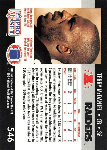 NFL Pro Set Terry McDaniel football card featuring Los Angeles Raiders player in profile